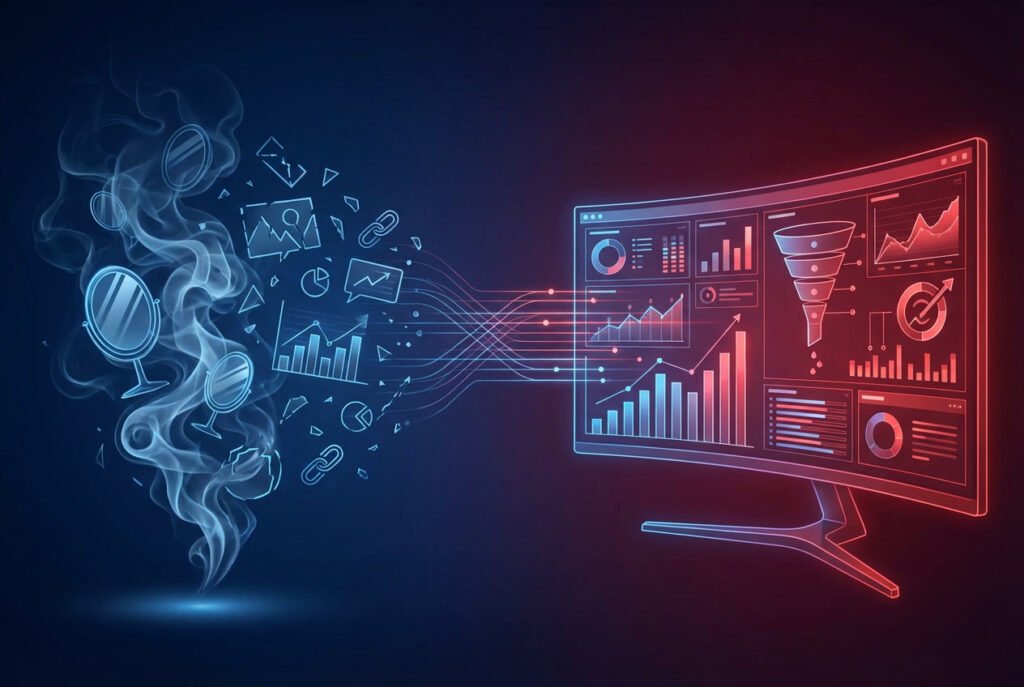 Imagen de cabecera del post "No te dejes engañar: la verdad sobre el SEO y Google Ads que nadie te quiere contar". A la izquierda, humo y elementos rotos que simbolizan las falsas promesas de agencias SEO. A la derecha, una pantalla con métricas reales, gráficos de conversión y embudos de venta, representando una estrategia digital bien ejecutada.